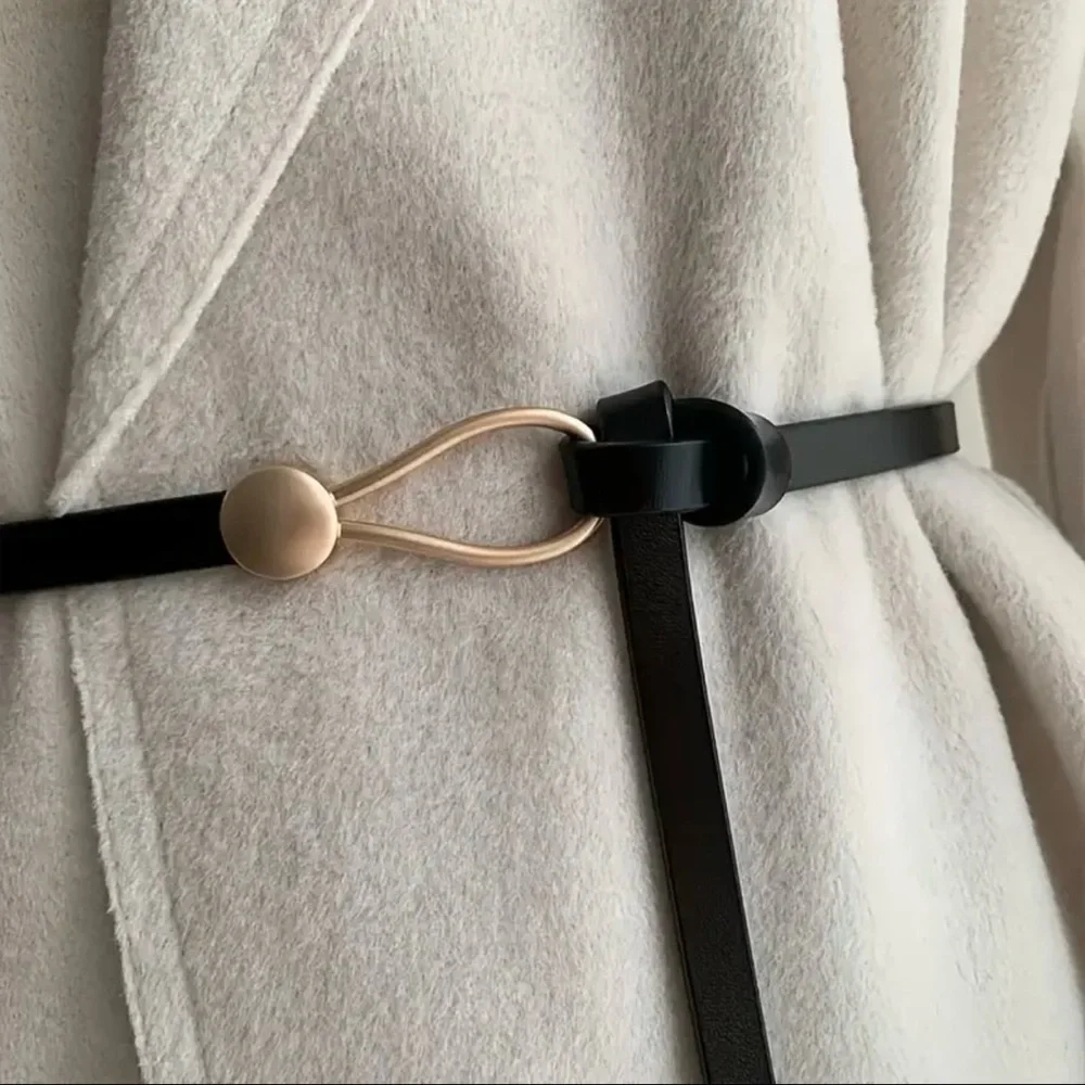 Black Trendy Knotted Skinny Thin Belt For Women Classic Solid Color Faux Leather